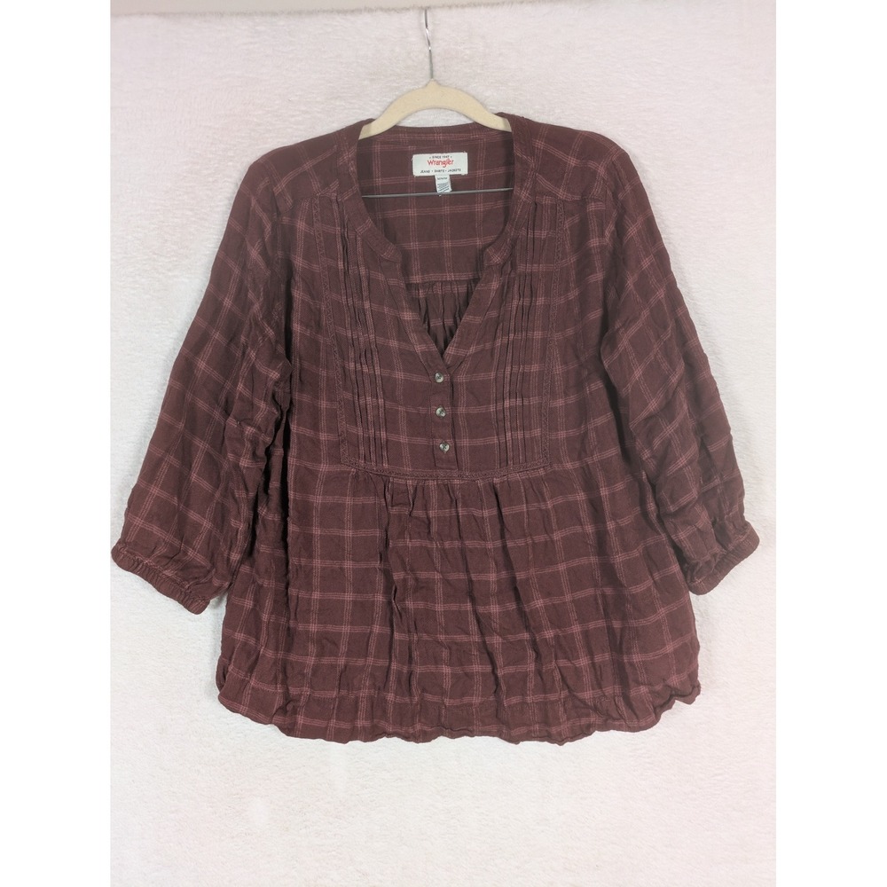 Wrangler Blouse Women's M Burgundy Plaid Pintuck Pleated 3/4 Sleeve Peplum Top